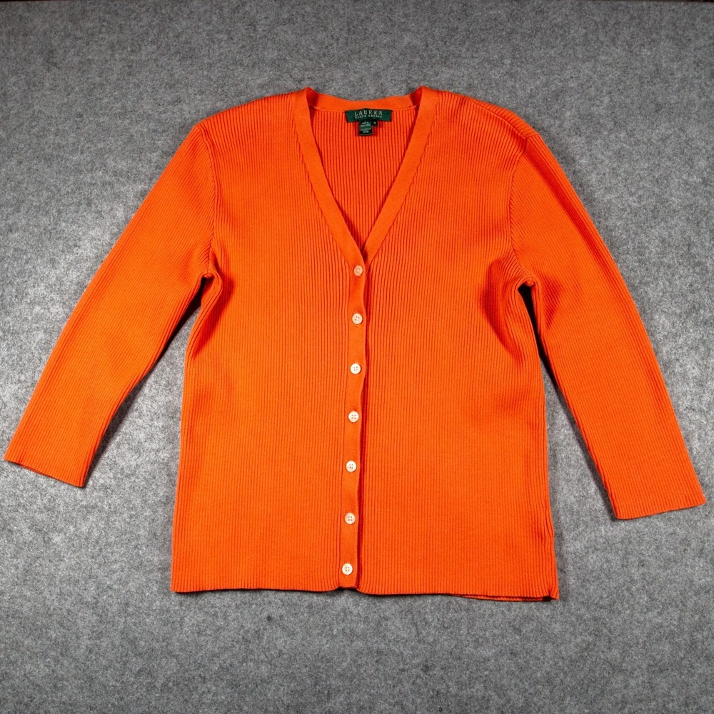 Lauren Ralph Lauren Orange Ribbed Cardigan Fall Long Sleeve Sz M